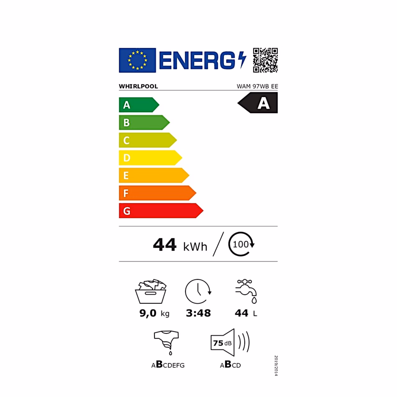 Energiamärgis: energiatõhususe klass A (skaala A–G), pesumasin Whirlpool WAM 97WB EE
