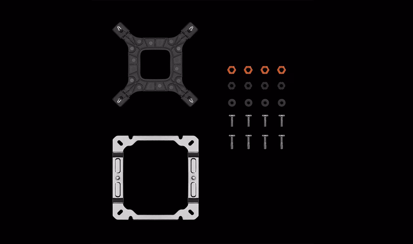 DeepCool AK400 DIGITAL SE kinnitusdetailid: tagaplaat, kinnitusraam, mutrid ja kruvid