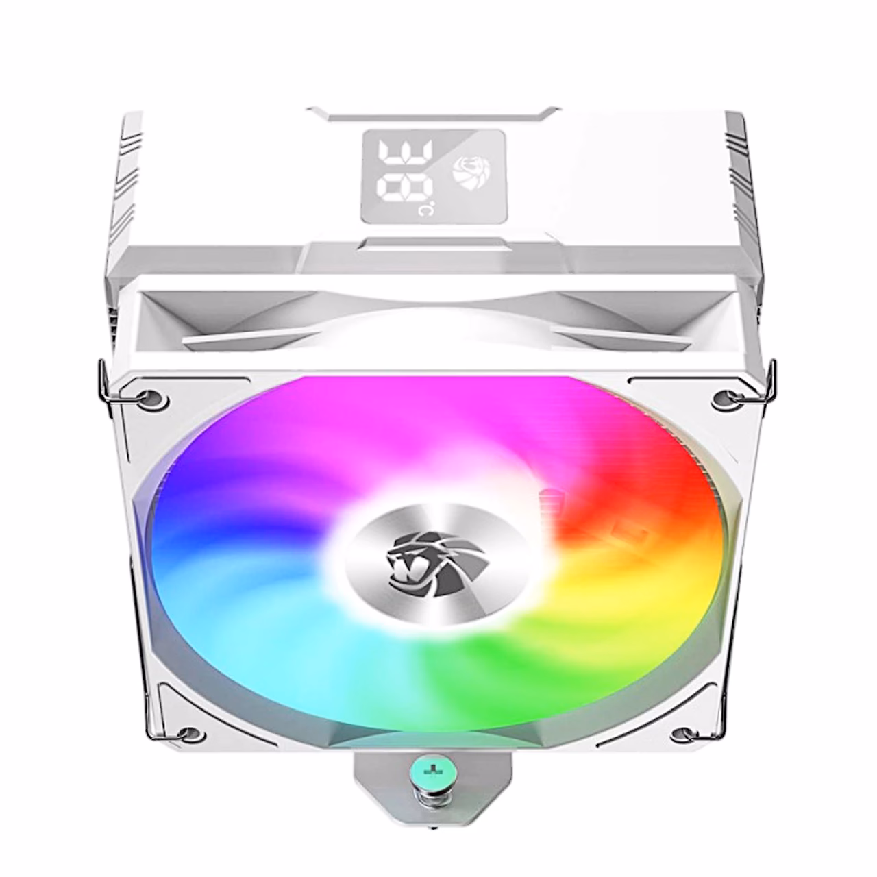 Gamemax Sigma 520 Digital WH ülalt eest, nähtav ekraan ja valgustatud ventilaator