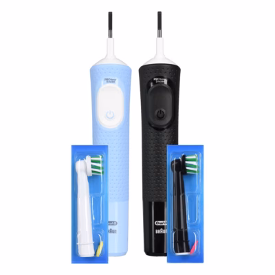 Elektrihambahari Oral-B Vitality Pro Duo: helesinine ja must käepide ning harjapead pakendis