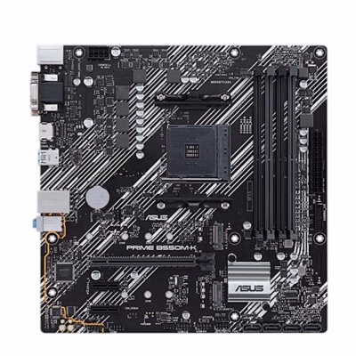 Emaplaat ASUS PRIME B550M-K otsevaates, AM4 sokkel ja neli mälupesa
