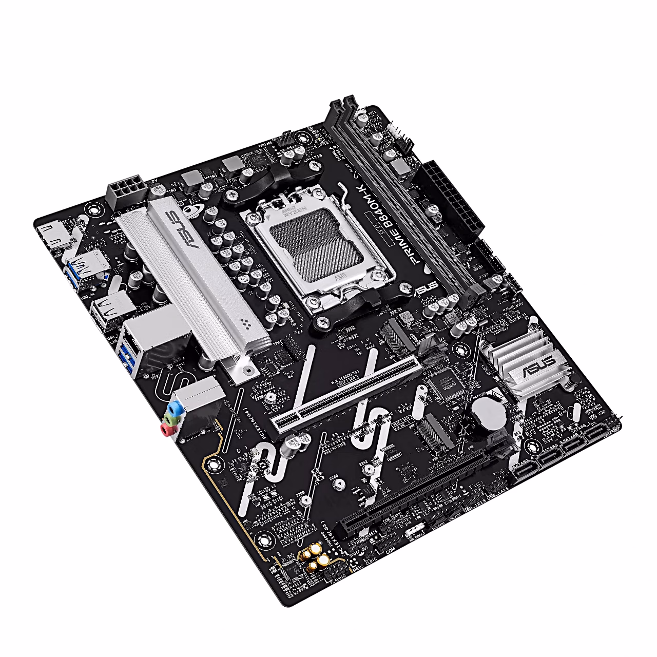 AM5 emaplaat Asus PRIME B840M-K kaldu küljelt koos PCIe-pesadega