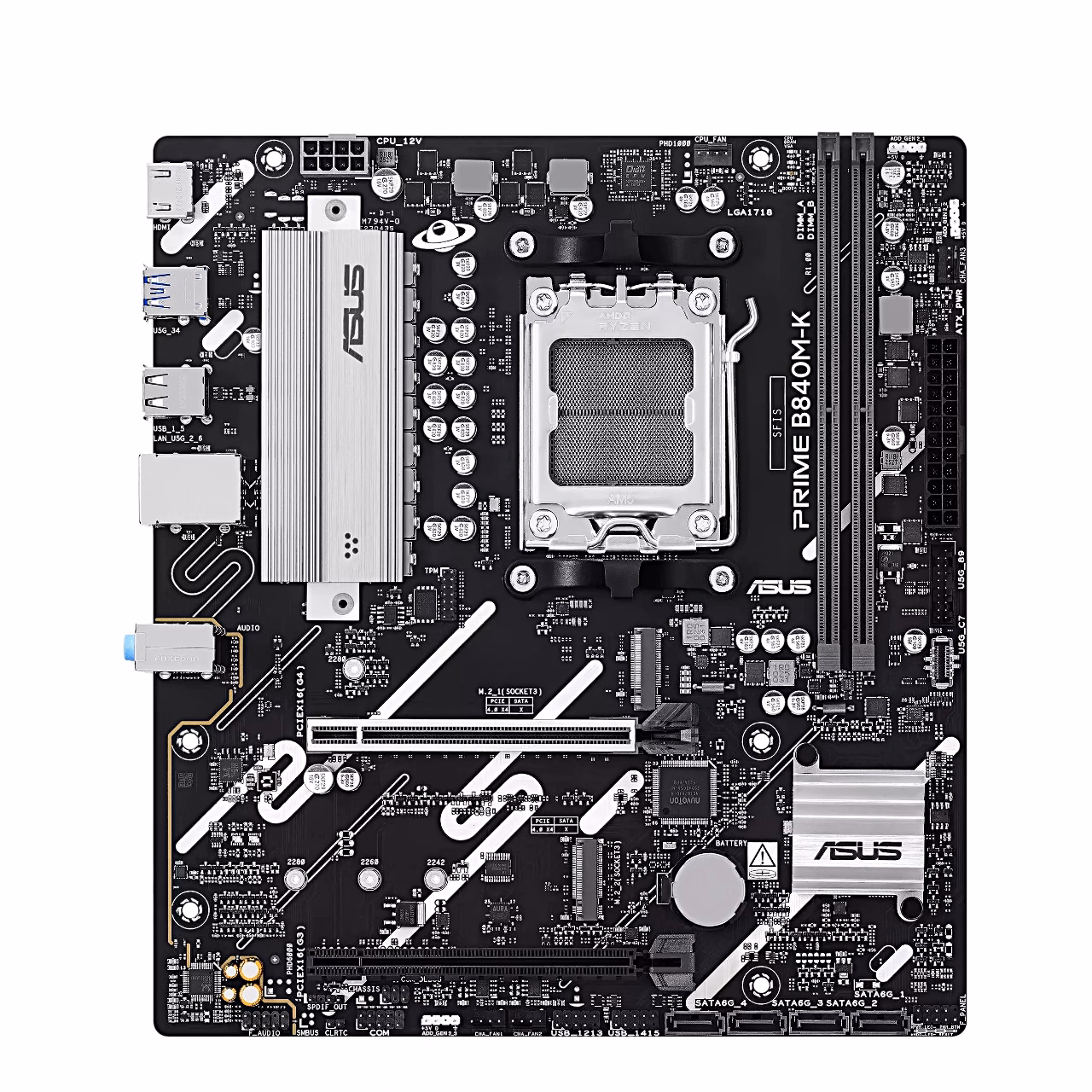 Asus PRIME B840M-K emaplaat eestvaates AM5-sokli ja kahe DDR5-mälupesaga