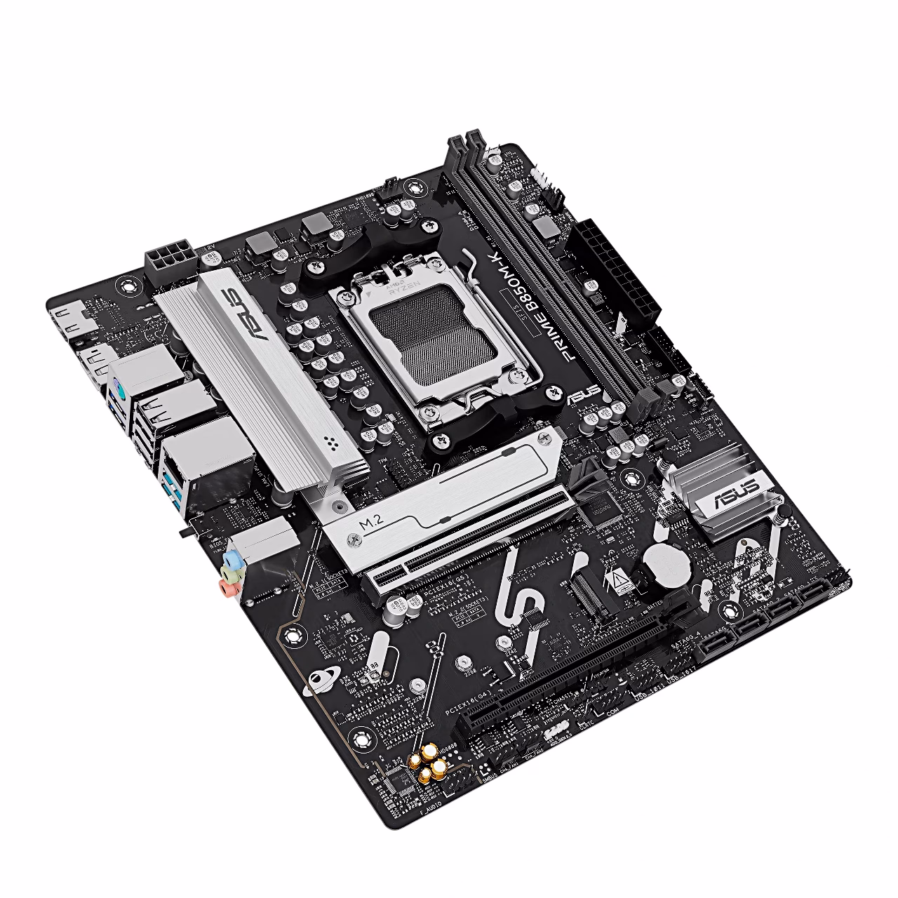 ASUS PRIME B850M-K emaplaat viltu, nähtavad SATA-pordid ja laienduspesad