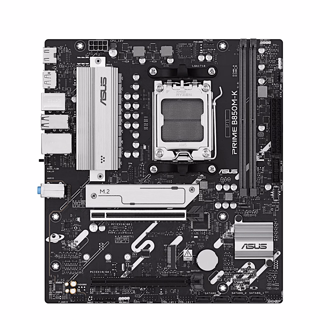 Emaplaat ASUS PRIME B850M-K eestvaates AM5-sokli ja M.2 radiaatoriga