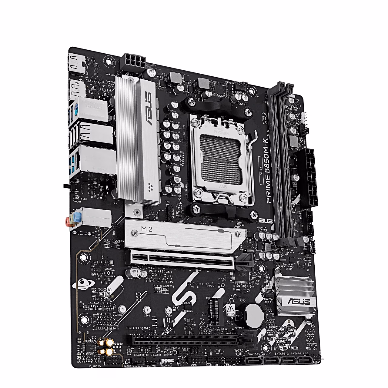 ASUS PRIME B850M-K emaplaat nurga alt tagapaneeli portidega