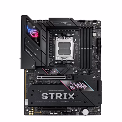 Emaplaat ASUS ROG STRIX B850-E GAMING WIFI otse ülalt AM5-sokli ja mälupesadega