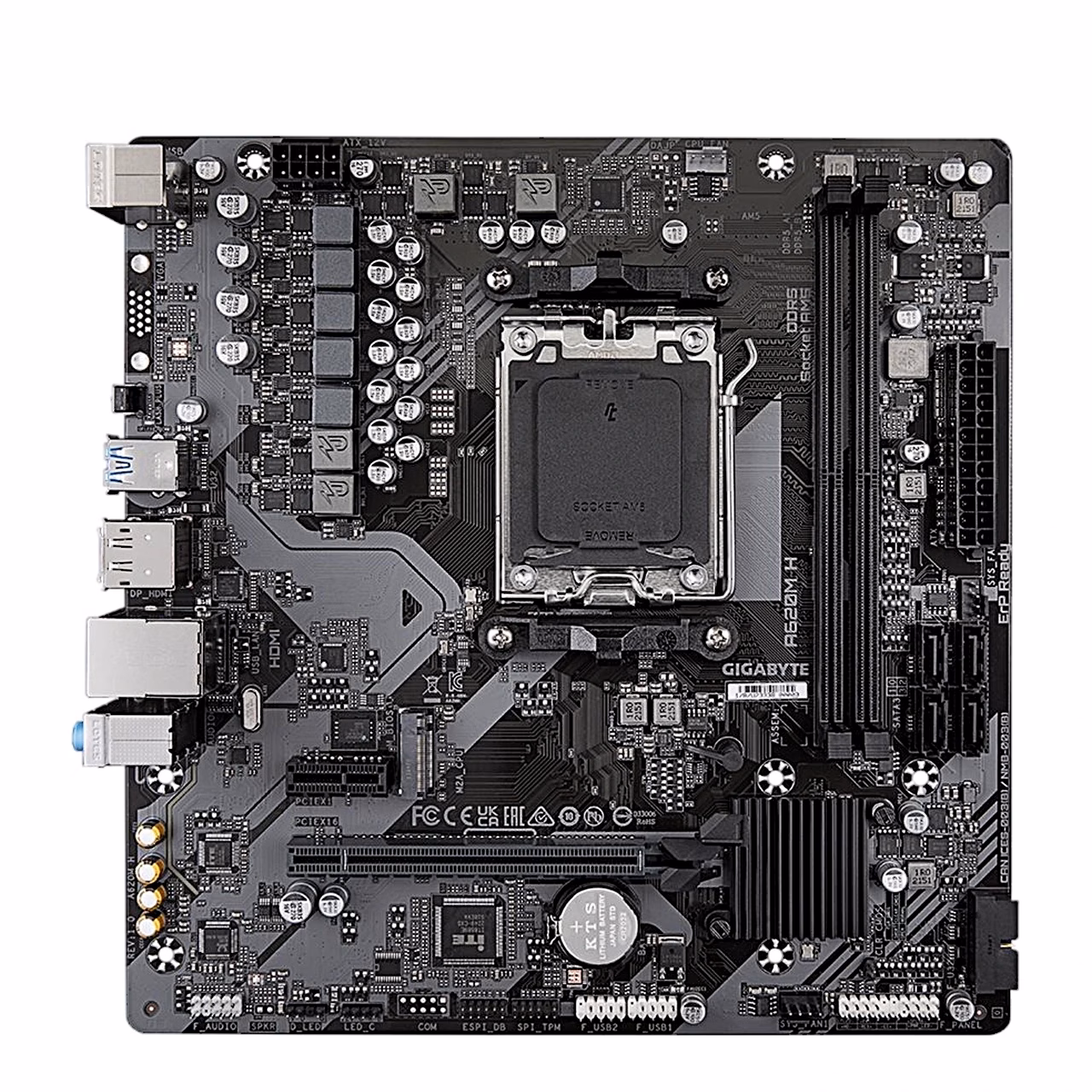 Gigabyte A620M H emaplaat ülaltvaates AM5-sokli ja mälupesadega