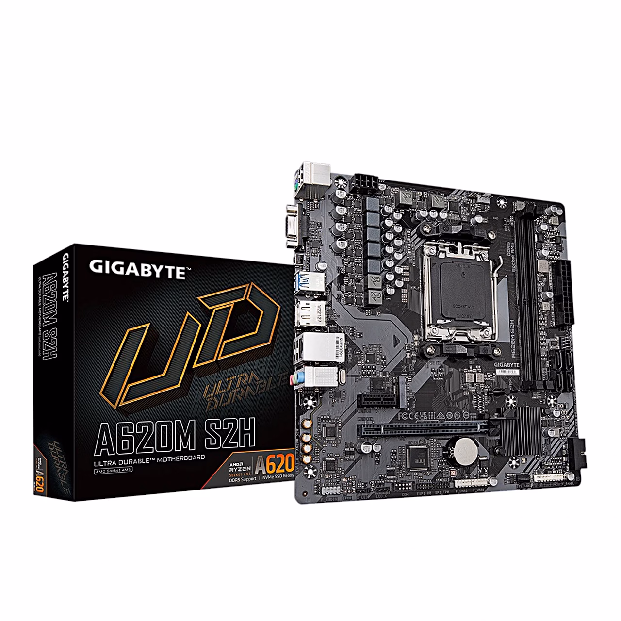 Emaplaat Gigabyte A620M S2H ja selle must müügikarp kõrvuti