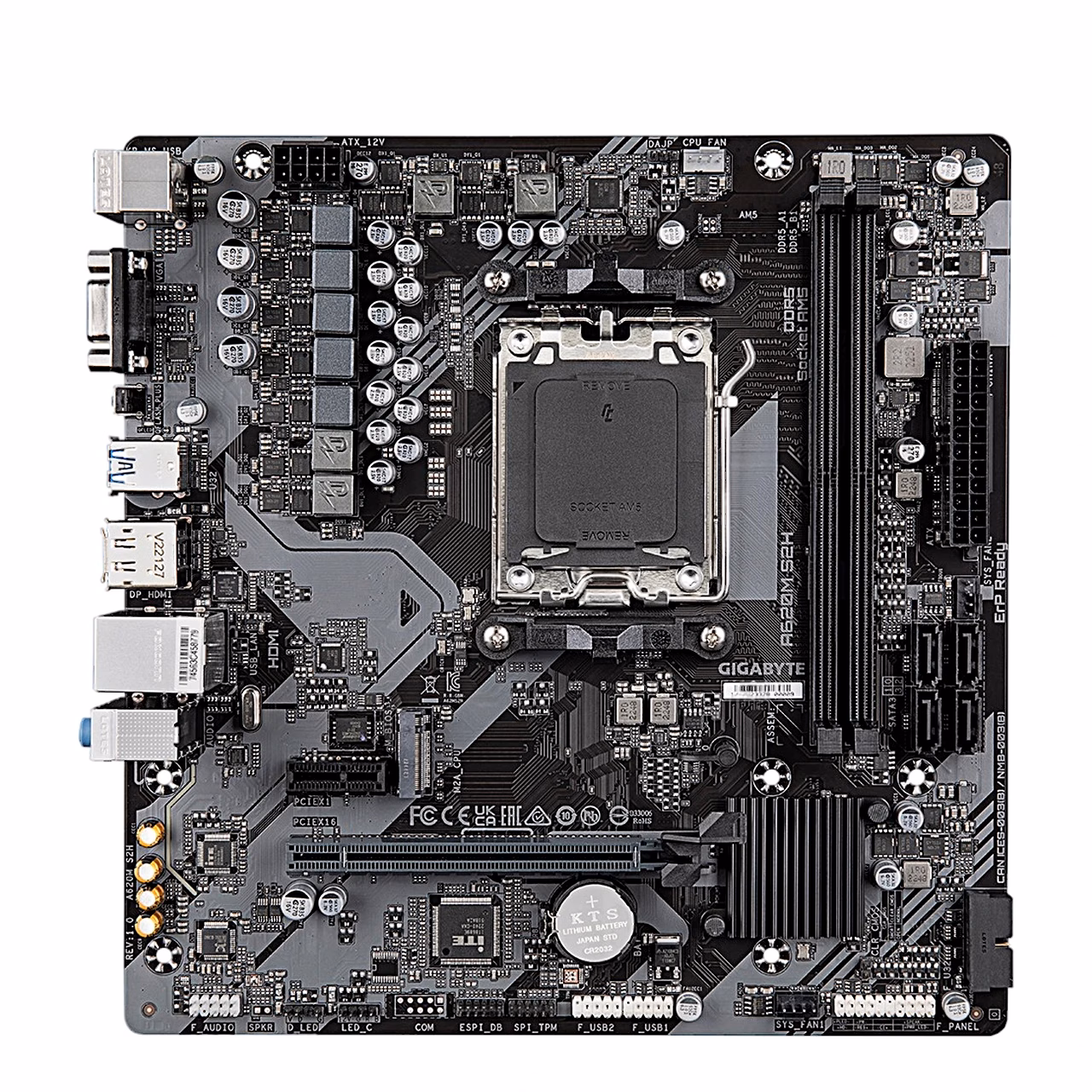 Micro ATX emaplaat Gigabyte A620M S2H otse ülalt koos pesade ja liidestega
