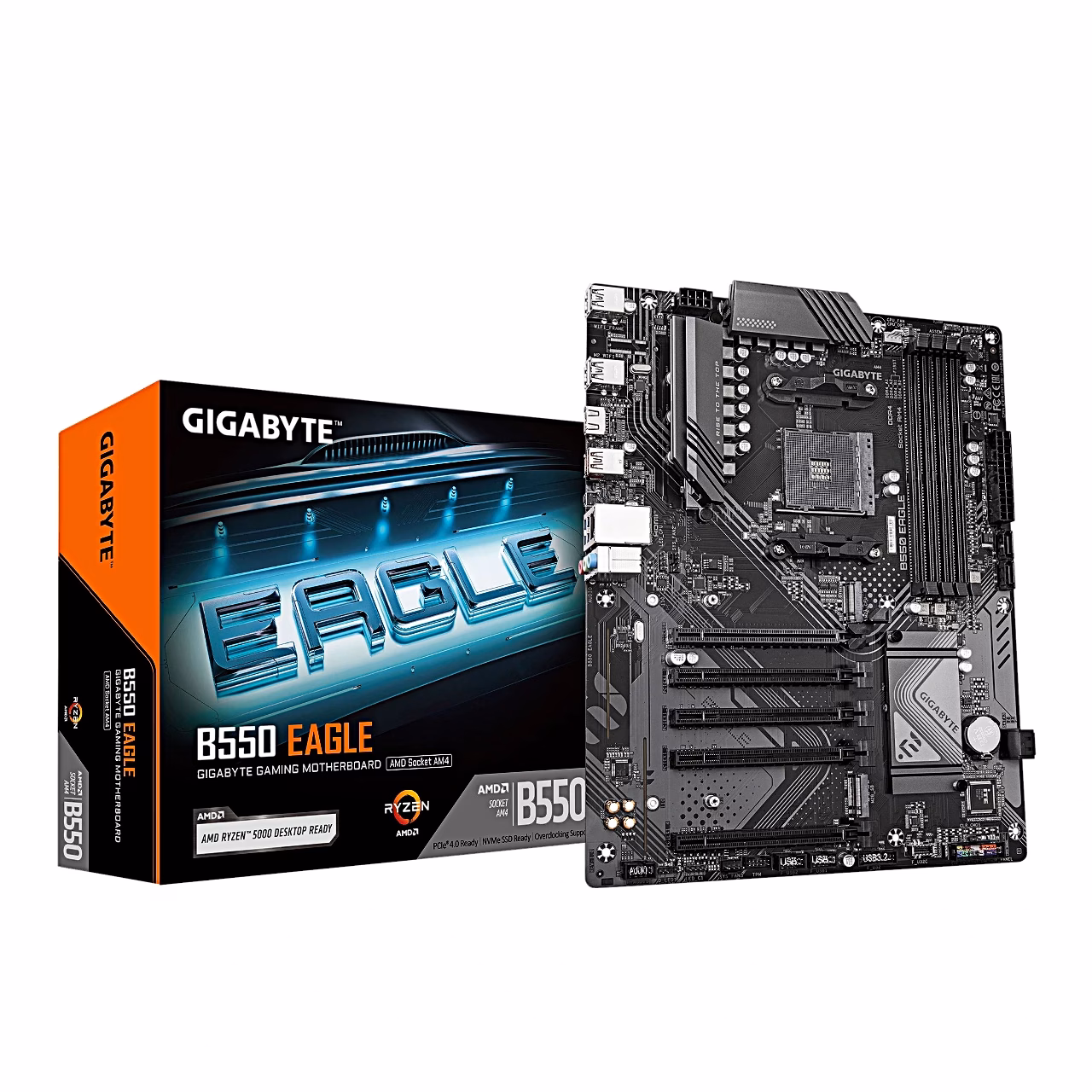 Gigabyte B550 EAGLE emaplaat koos sinise ja oranži müügikarbiga
