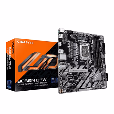 Emaplaat Gigabyte B860M D3W koos oranži ja musta pakendikarbiga