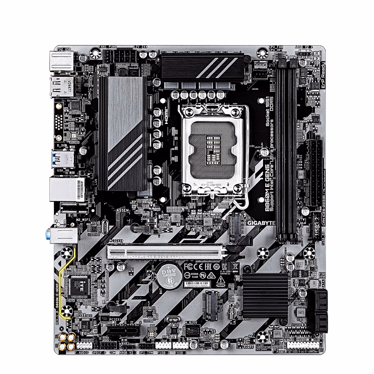 Emaplaat Gigabyte B860M E GEN5 ülaltvaates LGA 1851 sokli ja mälupesadega