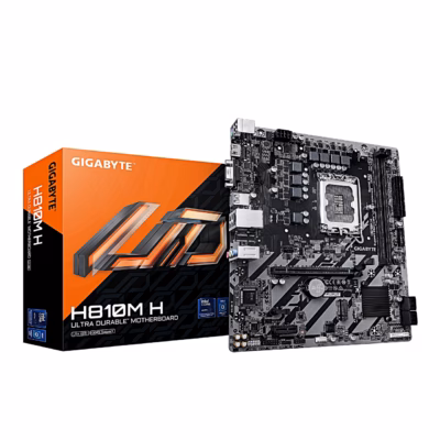 Emaplaat Gigabyte H810M H koos oranži ja musta pakendikarbiga