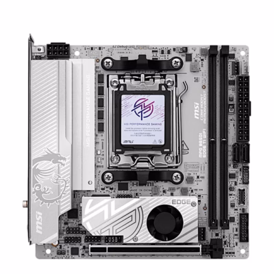MSI MPG B850I EDGE TI WIFI valge emaplaat eestvaates AM5-sokliga