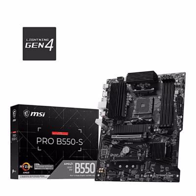 Emaplaat MSI PRO B550-S koos musta karbiga, mille esiküljel on mudeli nimi
