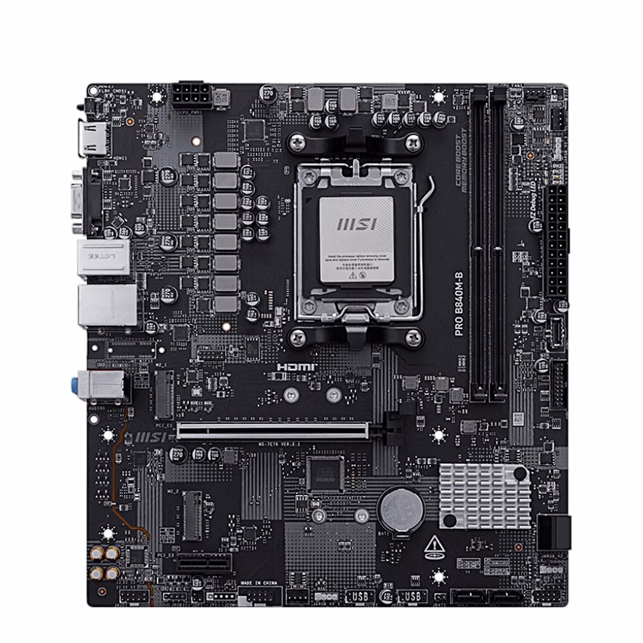 Emaplaat MSI PRO B840M-B otsevaates AM5 sokli ja kahe mälupesaga