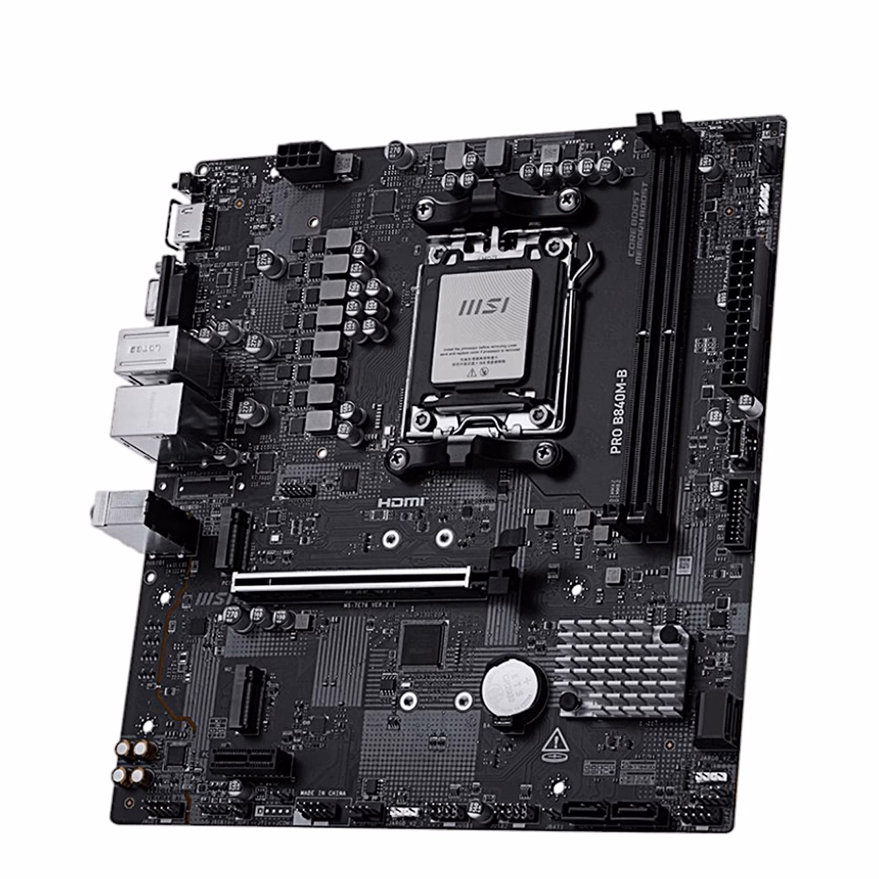 MSI PRO B840M-B emaplaat nurga alt graafikakaardi pesa ja M.2-pesadega
