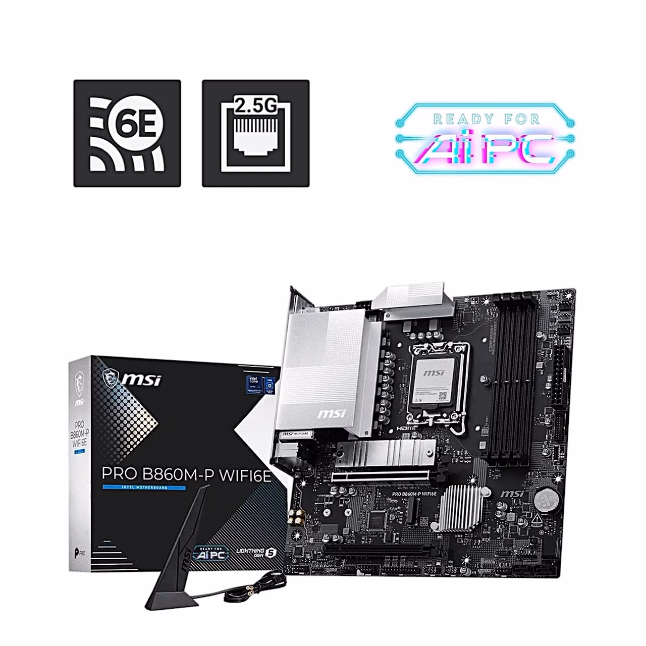Emaplaat MSI PRO B860M-P WIFI6E koos karbi ja Wi-Fi antenniga
