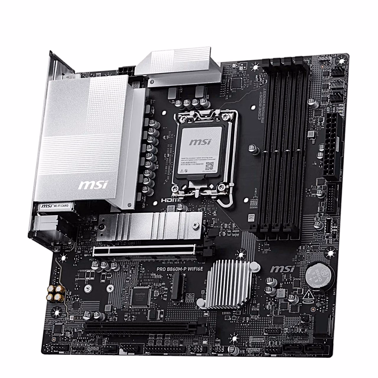 MSI PRO B860M-P WIFI6E emaplaat viltu eestvaates, hõbedased jahutusradiaatorid ja LGA 1851 sokkel
