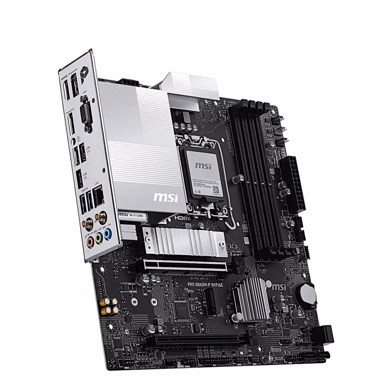 MSI PRO B860M-P WIFI6E micro ATX emaplaat külgvaates tagapaneeli kattega