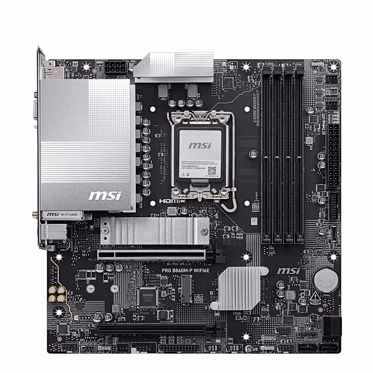 MSI PRO B860M-P WIFI6E emaplaat ülaltvaates, neli mälupesa ja M.2 jahutusplaat