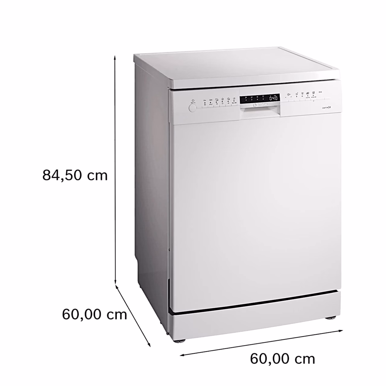 Mõõtjoonis: Bosch SMS2ITW65E kõrgus 84,5 cm, laius ja sügavus 60 cm