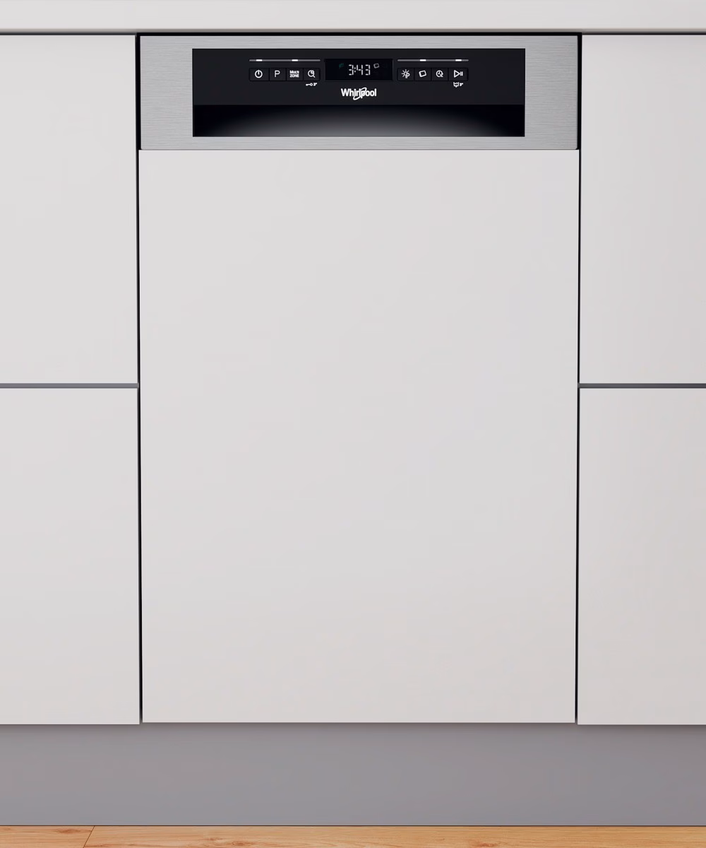 Esipaneeliga integreeritav nõudepesumasin Whirlpool WSBO 3O34 PF X köögimööbli vahel, eestvaade