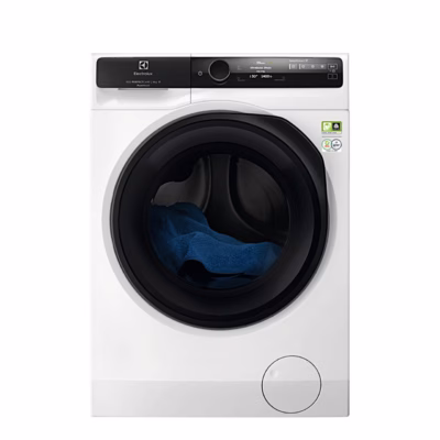 Valge eestlaetav pesumasin Electrolux EW9F7607WCE eestvaates, trumlis sinine pesu