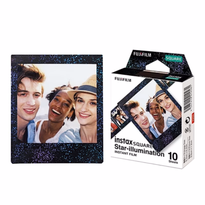 Tähistaeva mustriga raamis näidisfoto ja Instax Square Star Illumination fotopaberi pakend