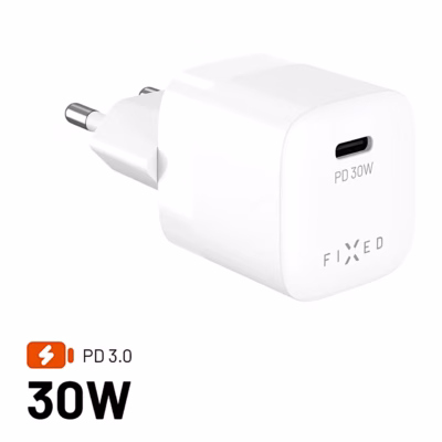 Valge FIXED Mini 30 W GaN-laadija USB-C-pordi ja europistikuga