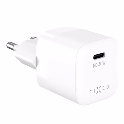FIXED Mini 30 W laadija esikülje lähivaade, USB-C-pordi kõrval PD-tähis