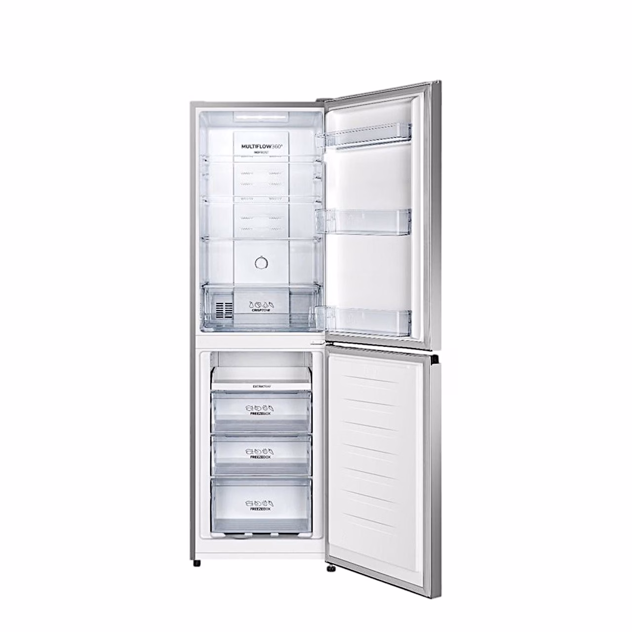 Gorenje NRK418ECS4 avatud ustega, klaasriiulid, ukseriiulid ja sügavkülmiku sahtlid