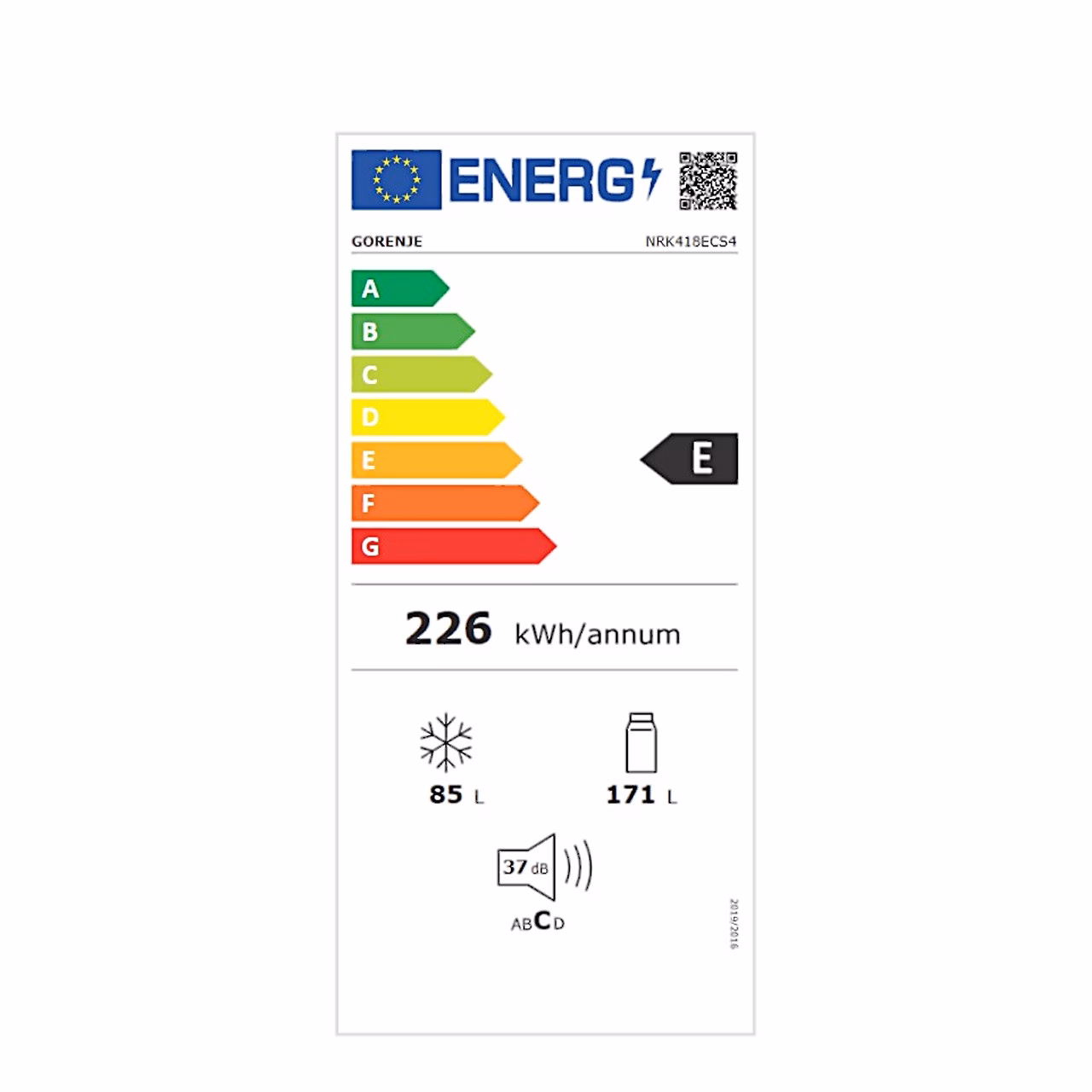 Gorenje NRK418ECS4 külmiku ELi energiamärgis, energiatõhususe klass E