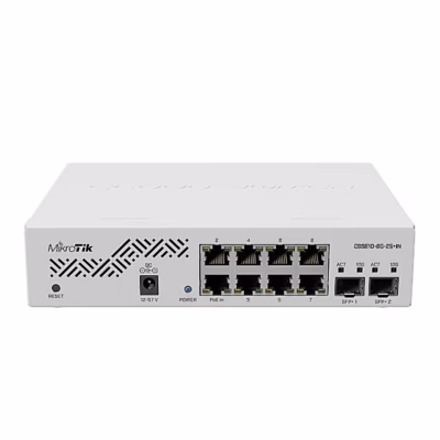 Võrgulüliti MikroTik CSS610-8G-2S+IN esipaneel, 8 RJ-45- ja 2 SFP+-porti