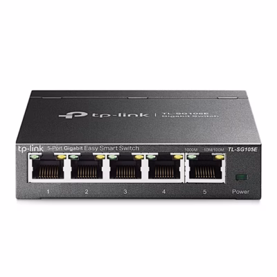 TP-Link TL-SG105E tagakülg turvaluku ava, lähtestusnupu ja toitepesaga