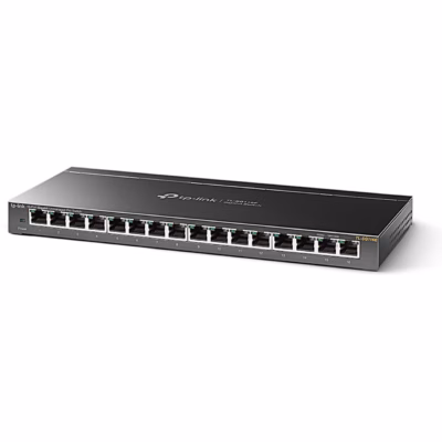 Võrgulüliti TP-Link TL-SG116E vasakult, 16 RJ-45-porti esiküljel