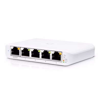 Võrgulüliti Ubiquiti USW Flex Mini viie RJ-45-pordiga, vaade nurga alt