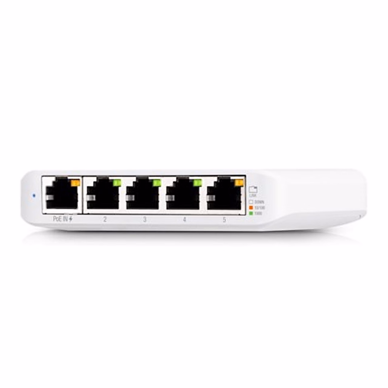Ubiquiti USW Flex Mini esikülg nurga alt, pordid ja märgutuled