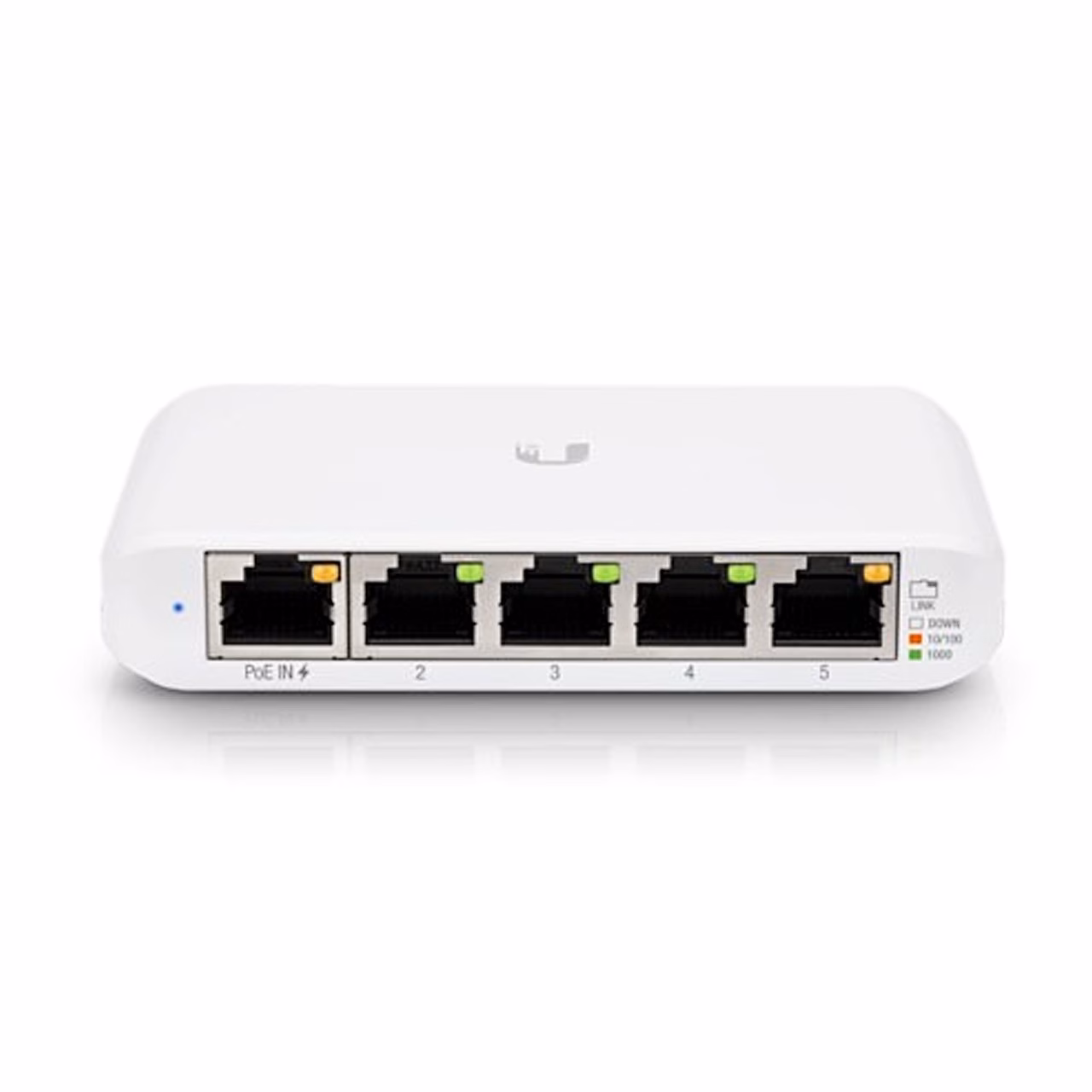 Valge Etherneti lüliti USW Flex Mini, eestvaade ülaosa logoga