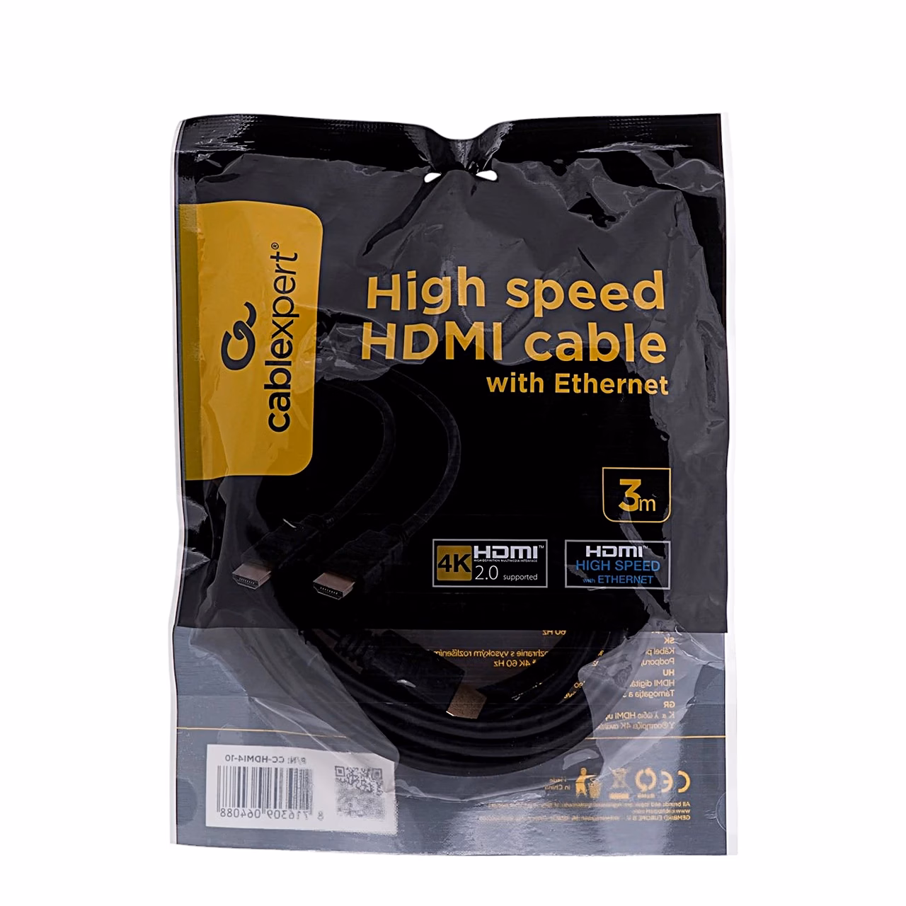 HDMI-kaabel Gembird CC-HDMI4-10 pakendis, esiküljel HDMI 2.0 ja 3 m märgis