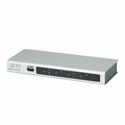 Aten VS481B HDMI-lüliti nelja pordinupu ja eesmise HDMI-sisendiga nurga alt