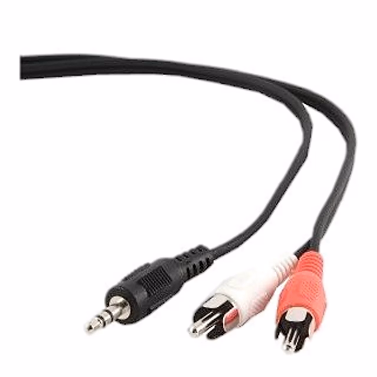 Cablexpert CCA-458 helikaabli otsad valgel taustal, 3,5 mm pistik ja kaks RCA-pistikut