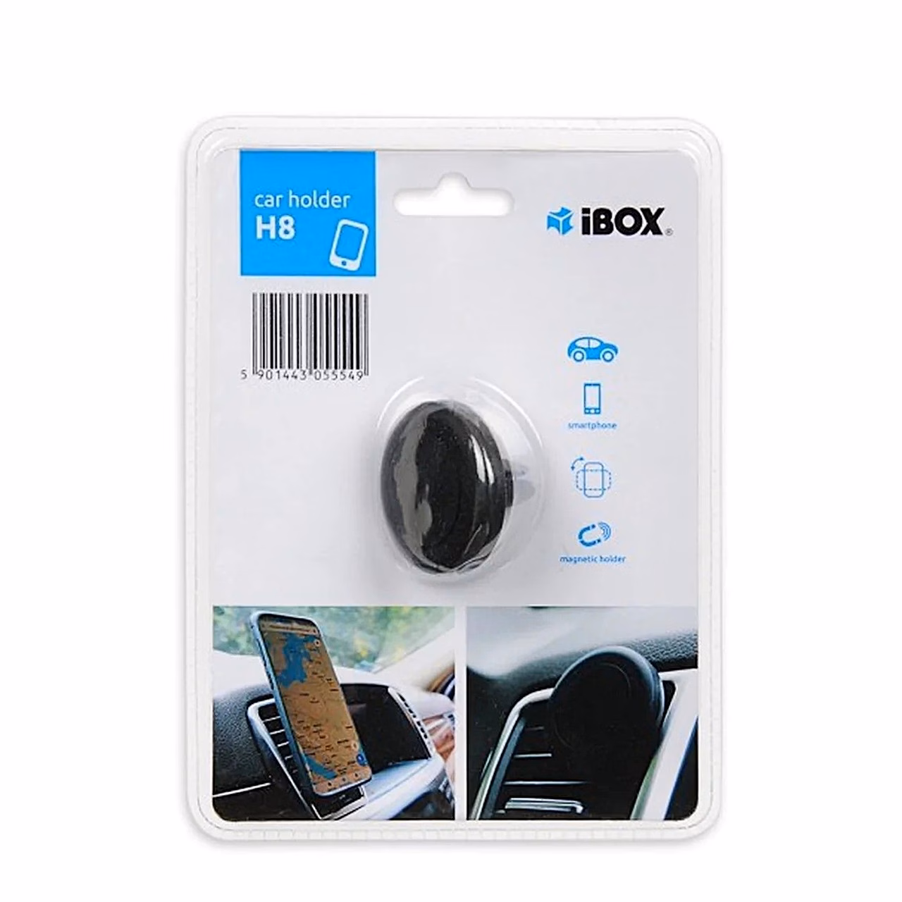 iBox H-8 ICH8 must plastikust passiivne autotelefoni hoidik ventilatsiooniavasse, horisontaalne/vertikaalne, põrutuskindel