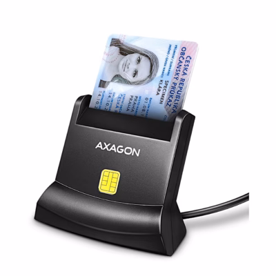 Must ID-kaardilugeja AXAGON CRE-SM4N, alusesse püstiselt sisestatud isikutunnistusega