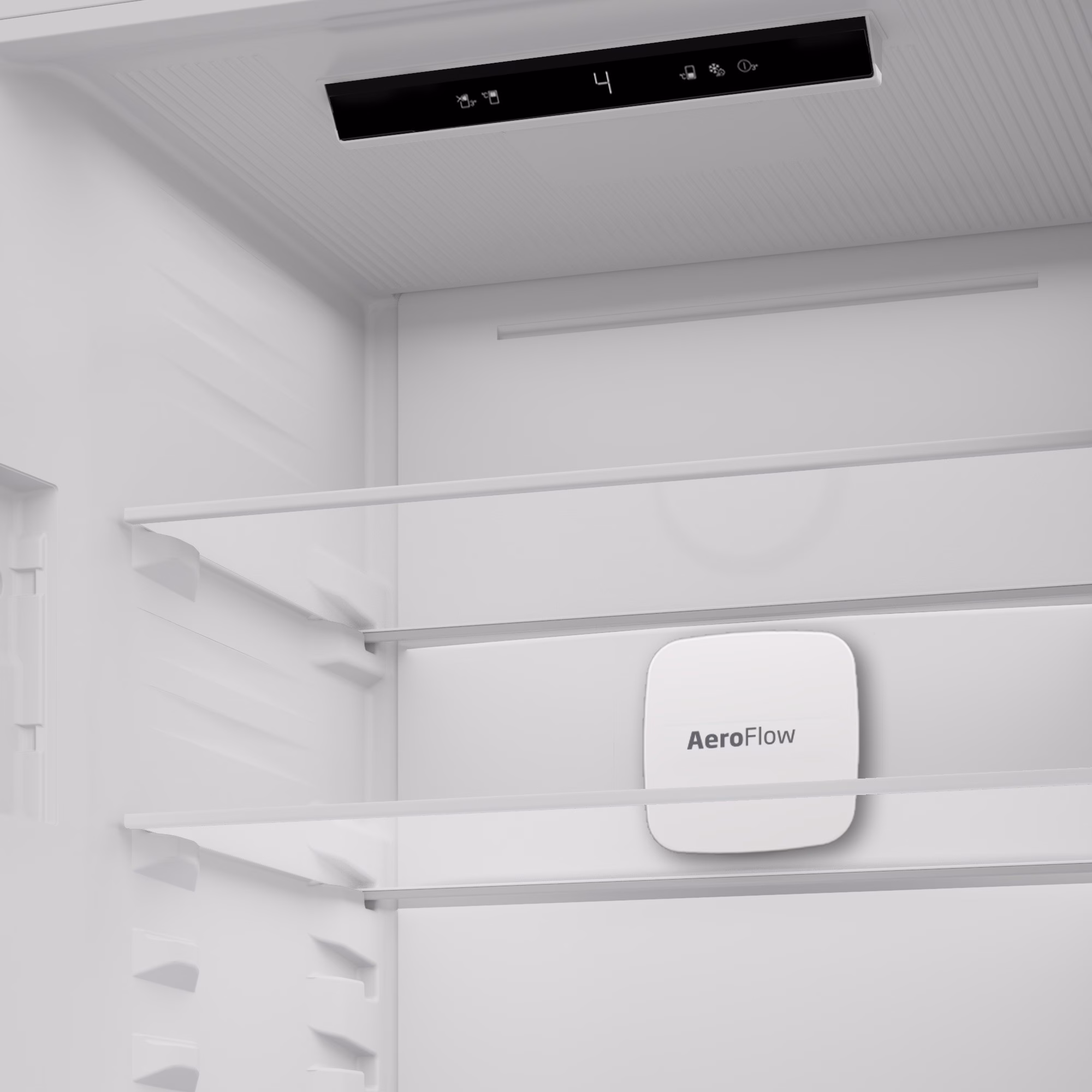 Külmiku Beko B3BCNA294HS sisemus, juhtpaneeli ekraan ja riiulid