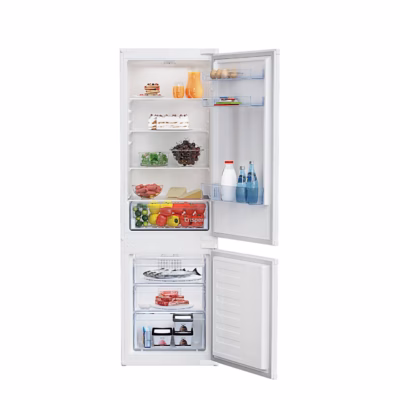 Beko BCHA275K41SN avatud ustega, ülal külmik ja all sügavkülmik