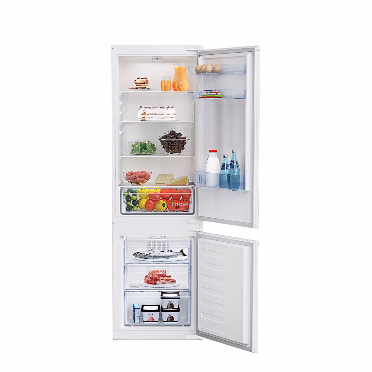 Beko BCHA275K41SN avatud ustega, ülal külmik ja all sügavkülmik