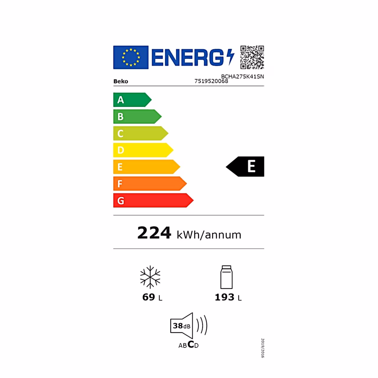 Integreeritava külmiku Beko BCHA275K41SN energiamärgis, klass E