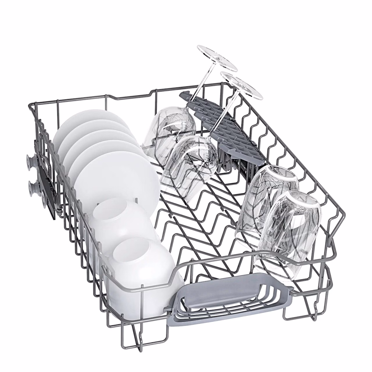 Bosch SPU4HMW12E ülemine korv taldrikute ja veiniklaasidega